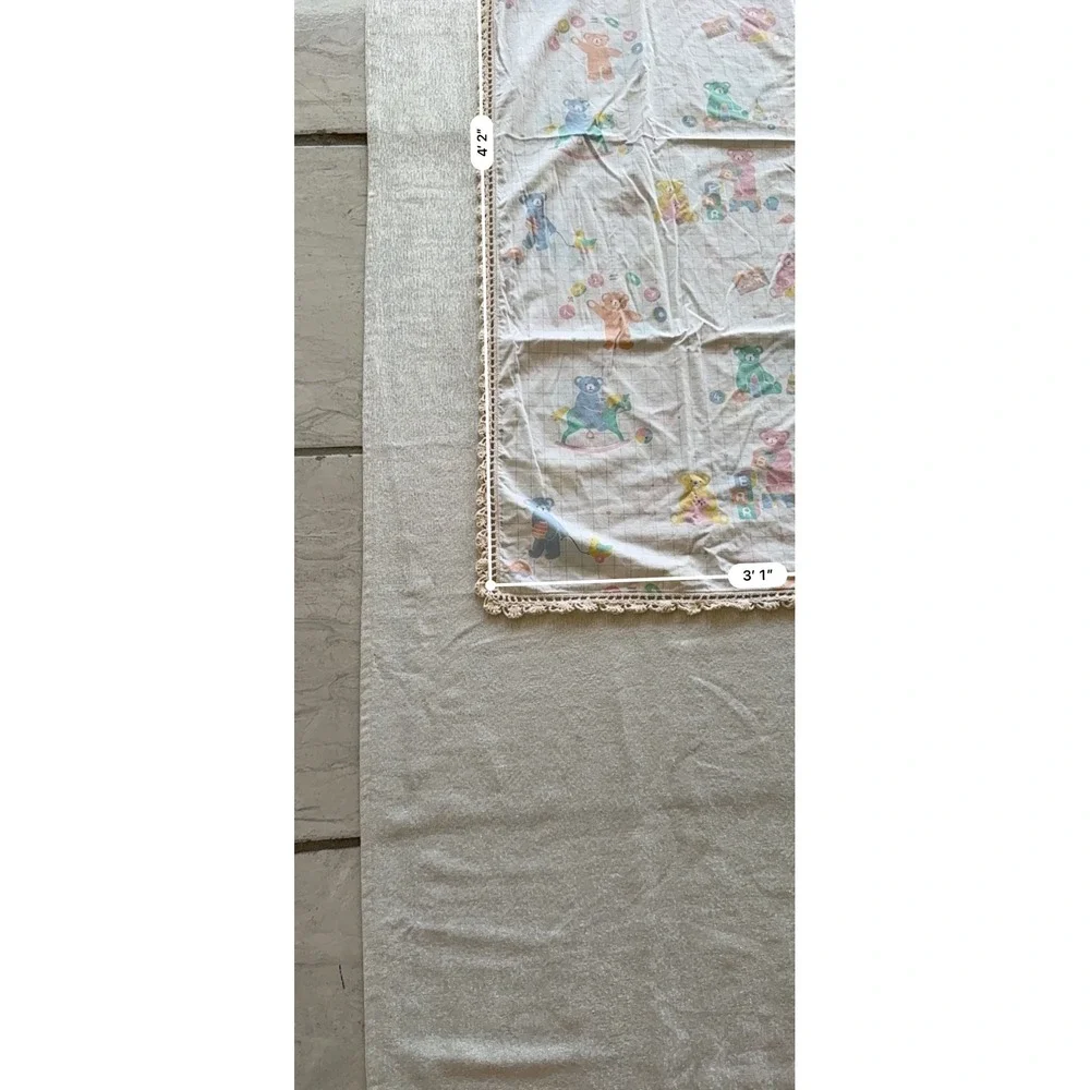 Vintage Reversible Baby Blanket Teddy Bears Crochet Lace Trim 48
